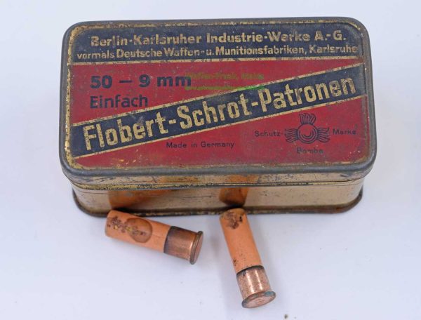 Berlin-Karlsruher-Ind.-Werke Flobert in original Blechdose 9mm Flobert Schrot einfach